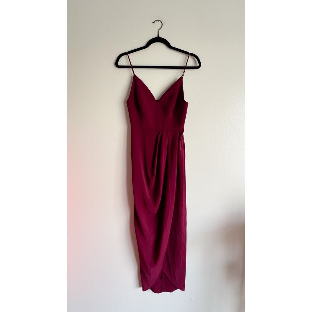 Shona Joy Maroon V Neck Drapey Side Slit Midi Dress Sexy Wedding Guest Event